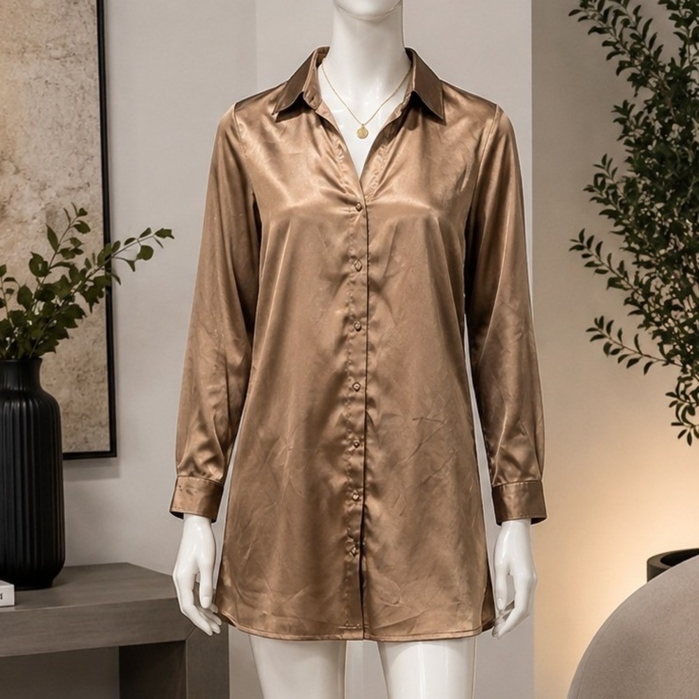 Princess Polly Women Mini Shirt Dress Bronze Satin Button Down Size 4